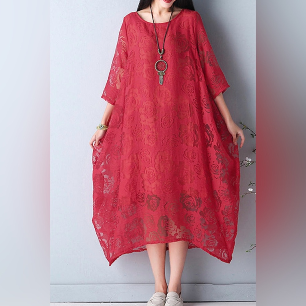 Women Midi Dress 4X Red Long Sleeve Lace Formal Evening Holiday Pockets Flowy